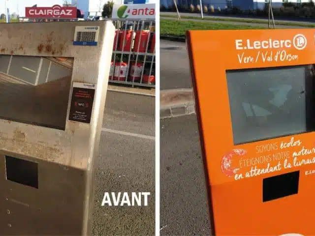 Habillage en impression numérique des bornes du drive E.Leclerc à Vern-sur-Seiche-semios