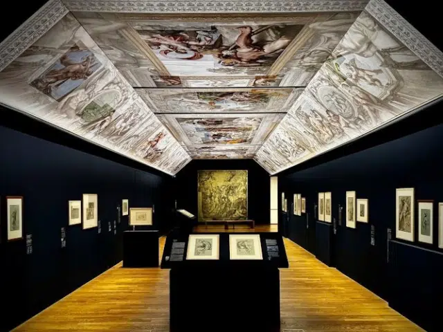Vue intérieure de la scénographie et des visuels pour l'exposition temporaire : Dessins des Carraches, au Musée du Louvre.